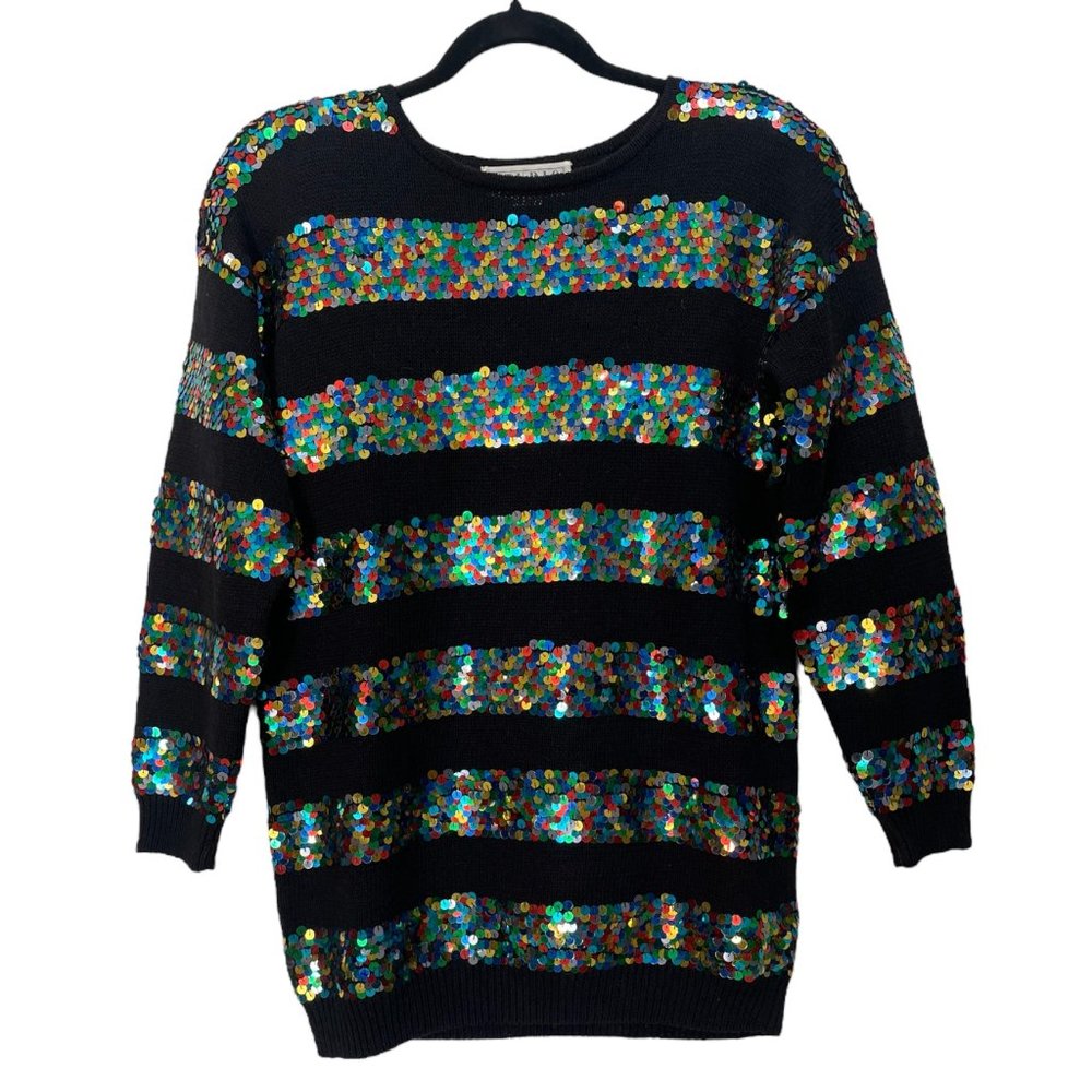 Vintage 90s Michelle Stuart Y2K Black Knit Sweater Multicolored Sequins Small